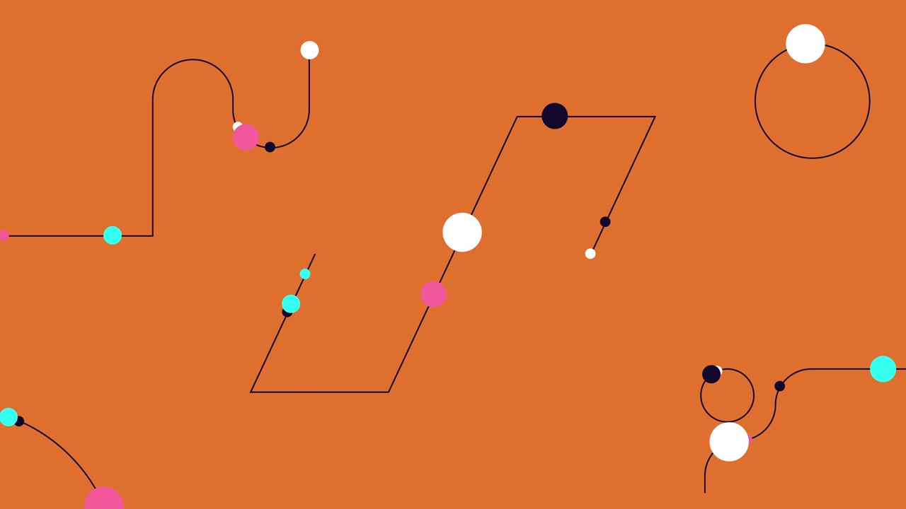 Colorful Dots Moving Along Geometric Lines on Orange Background