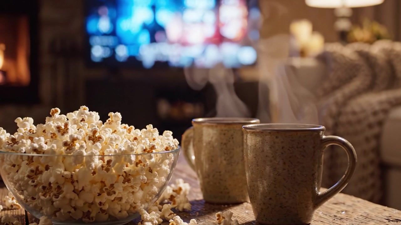 ポップコーンと温かい飲み物で過ごす居心地の良い夜：テレビの前でリラックスするひととき。自宅での快適さとくつろぎの本質を完璧に捉える