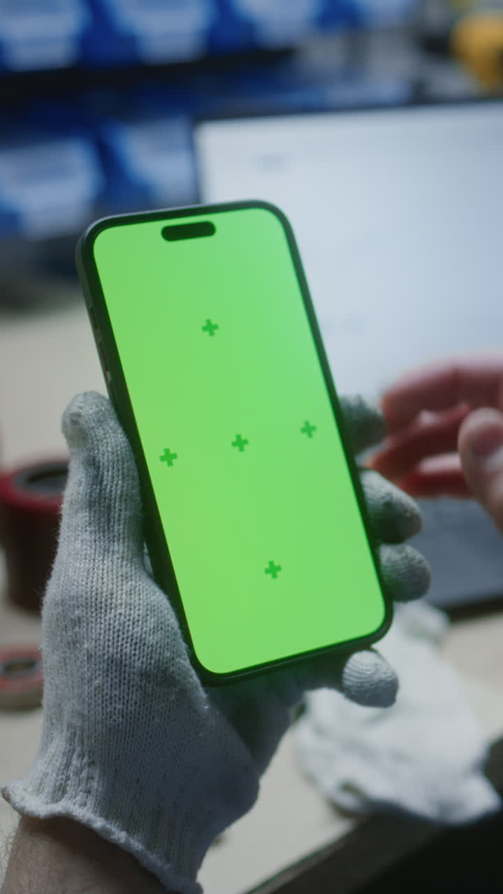 Man Monitoring Real-Time Stocks, Exchange Market Charts on Laptop and Smartphone with Green Chromakey Mockup in Workshop. Video Template with Placeholder for Application. Close Up. Vertical Shot.