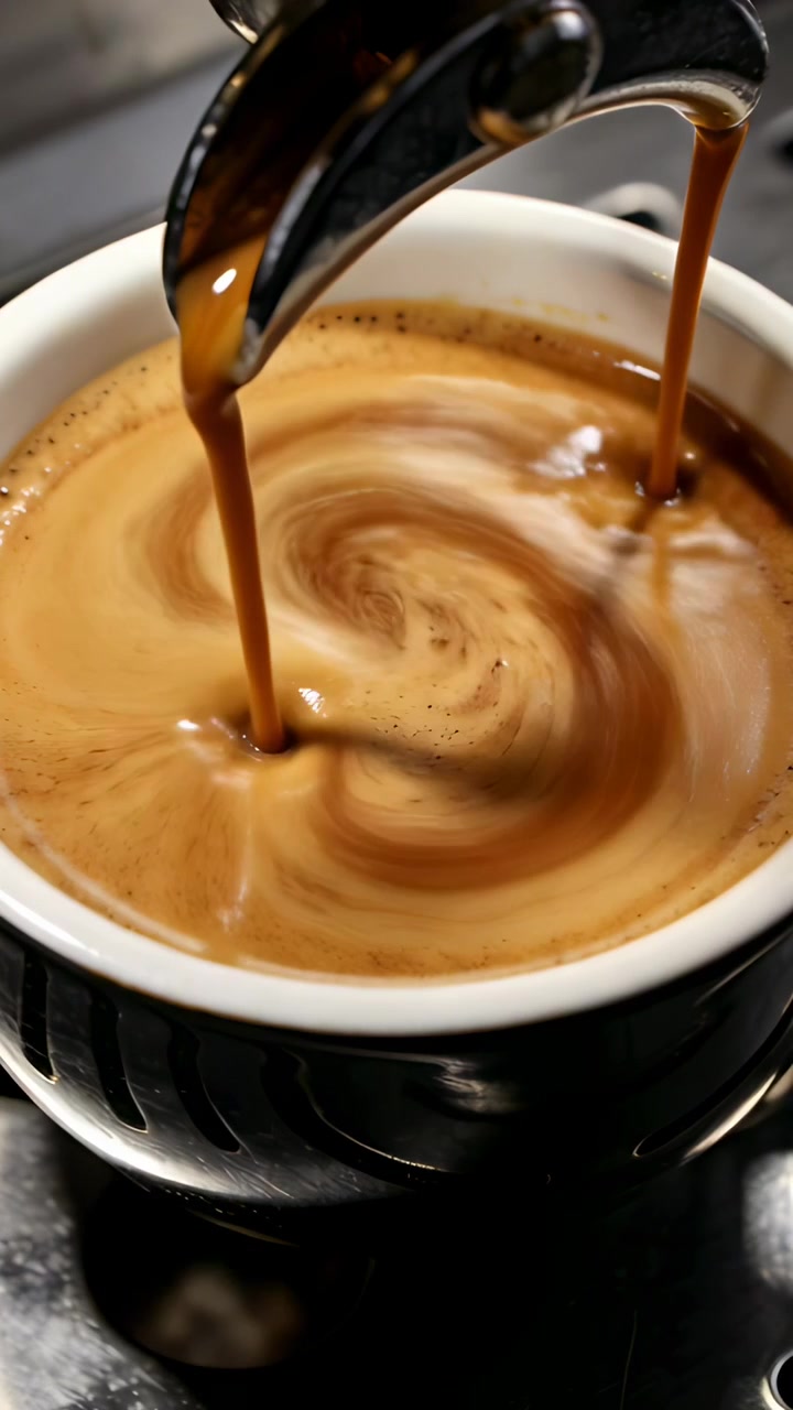 Video verticale: Inizio dell'erogazione del caffè, la macchina versa dal portafiltro nella tazza sul bancone, con la crema che si forma a spirale.