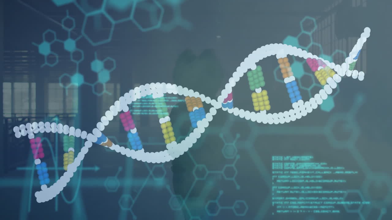 DNA strand and binary coding illustrating scientific data processing in animation