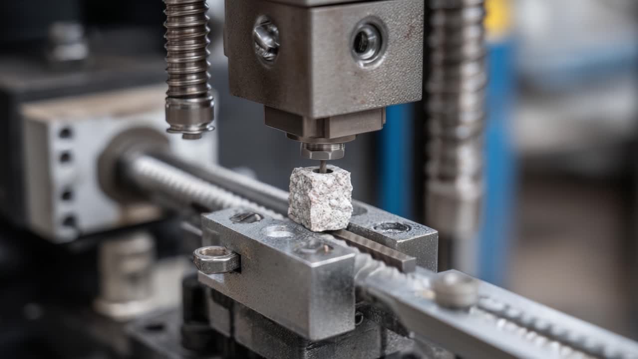 Precision Metalwork: Close-Up of a Machine Tool Engaging with a Metal Block During a Manufacturing Process, Showcasing Engineering Expertise and Technology in Action