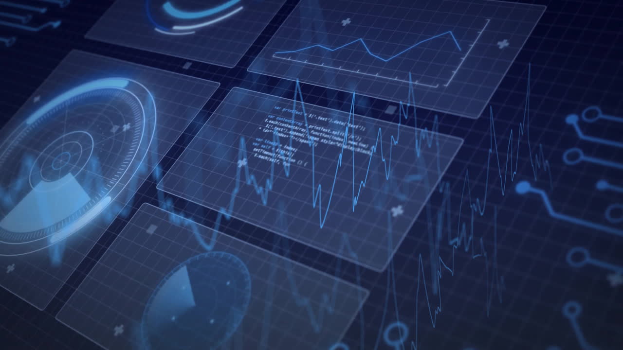 Displaying digital graphs and charts, animation showing data analysis on interface