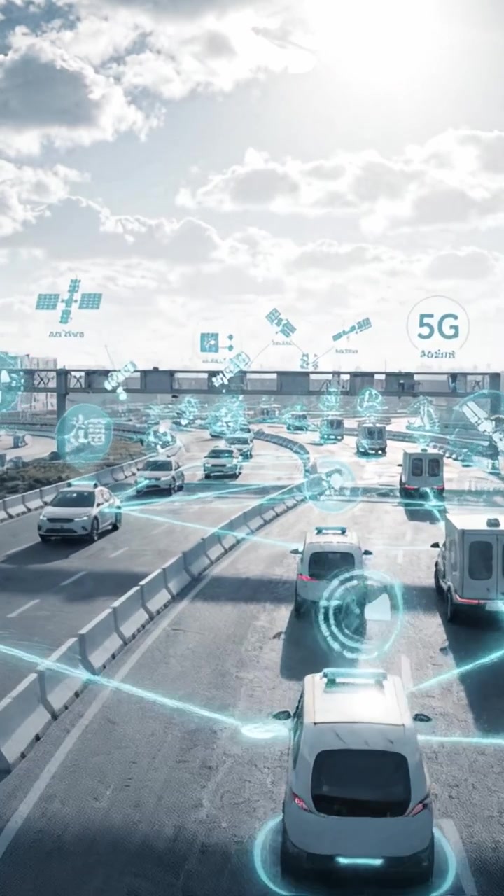 Una visione futuristica di veicoli connessi su un'autostrada: il flusso del traffico migliorato da tecnologia avanzata e interazioni di dati in tempo reale sotto un cielo luminoso.