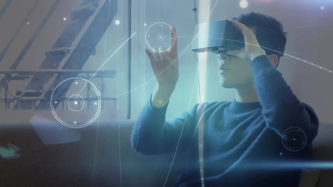 Animazione di una rete di connessioni sopra un uomo d'affari che indossa visori VR