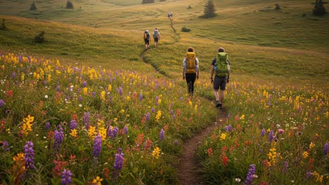 adventurous hikers traverse a vibrant, flower-filled meadow on a sunny day, surrounded by lush greenery and scenic landscapes that beckon exploration and connection to nature