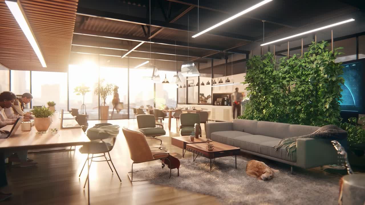 Ufficio moderno con luce naturale, ripreso da un'angolazione bassa, ideale per un video aziendale.
