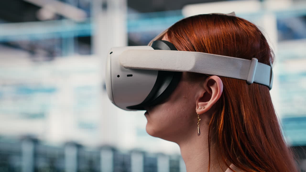 Young Woman Wearing VR Headset and Interacting with Virtual Reality
