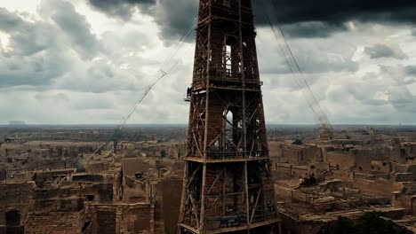 aerial view of a destroyed city with a tall metal tower