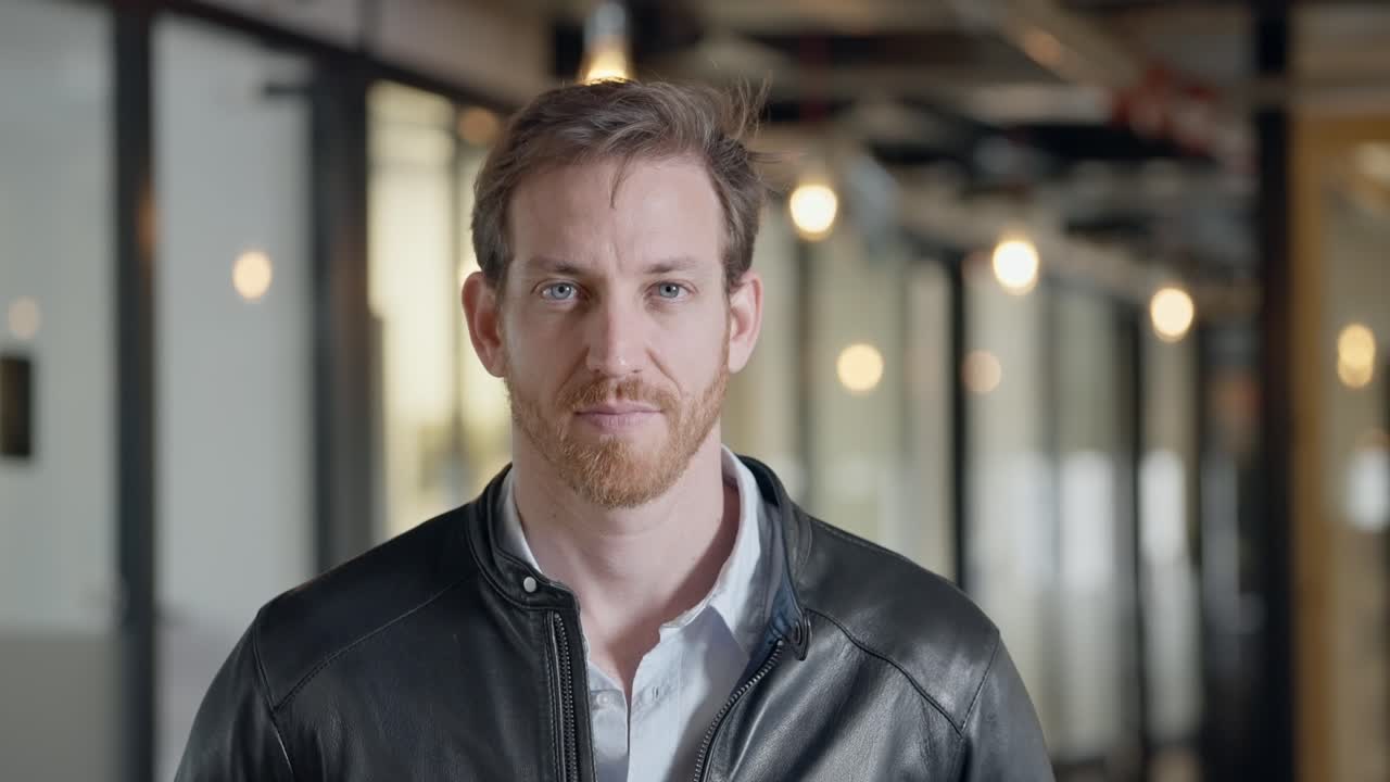 Portrait of a guy. Man in leather jacket staring directly into camera, exuding confidence, mystery, and intensity. Bold and stylish look with a hint of rebellion and intrigue. blue eyes caucasian.