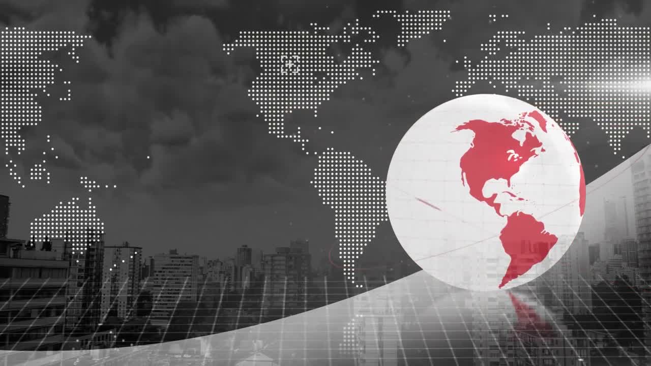 도시 풍경 위의 지구와 금융 데이터 처리의 애니메이션