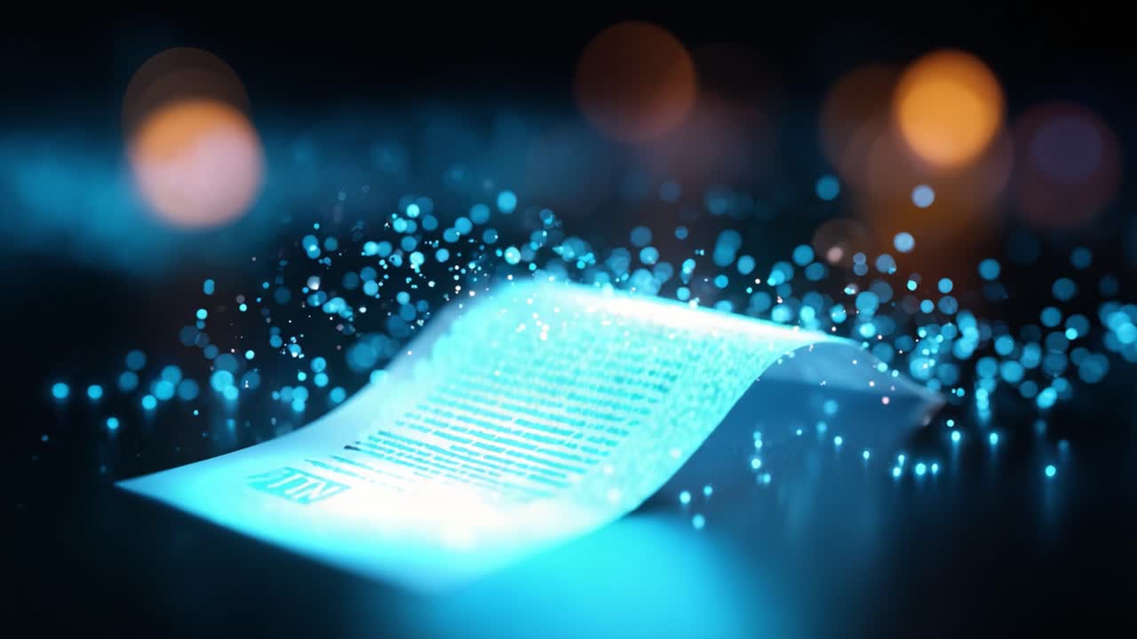 A mesmerizing visual of shimmering particles surrounding a glowing sheet of paper, capturing enchantment and intrigue in a captivating and mysterious ambiance