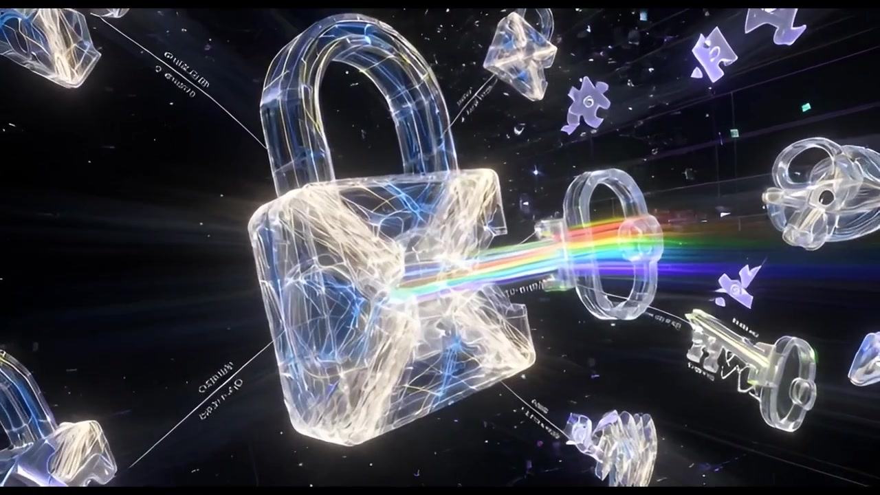 Abstract Digital Padlock Unlocked by Rainbow Key in Cyberspace