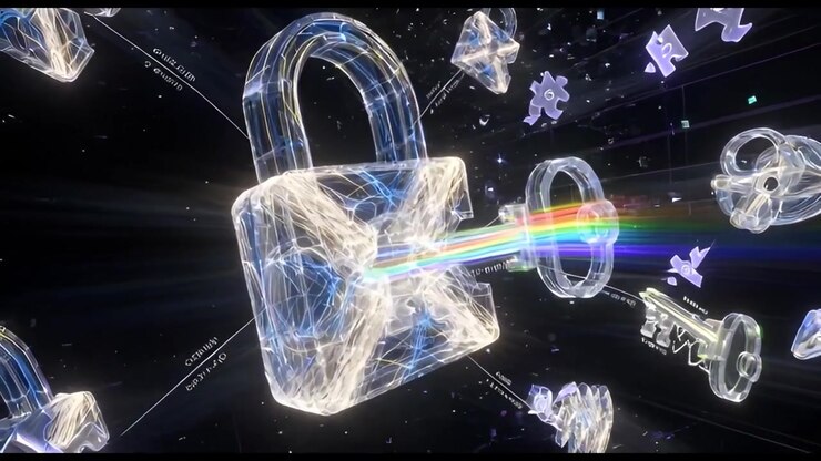 Abstract Digital Padlock Unlocked by Rainbow Key in Cyberspace
