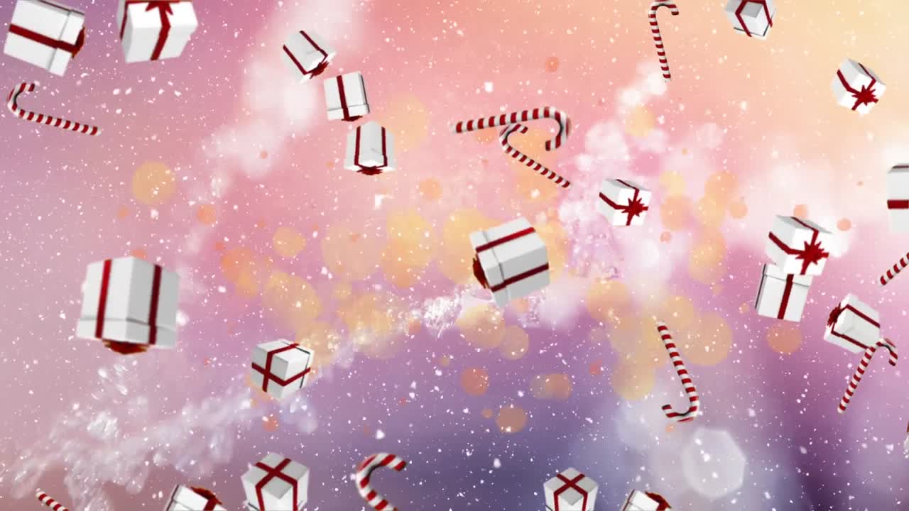 Animation of snow falling and presents with candy canes on purple backrgound