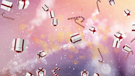 animación de nieve cayendo y regalos con bastones de caramelo en fondo púrpura