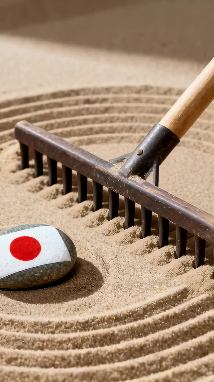 Vertical video: Pulling handle, wood rake raking sand tray, reshaping rings, red-dot stone