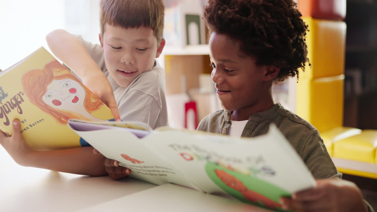 Children reading books in a classroom or library