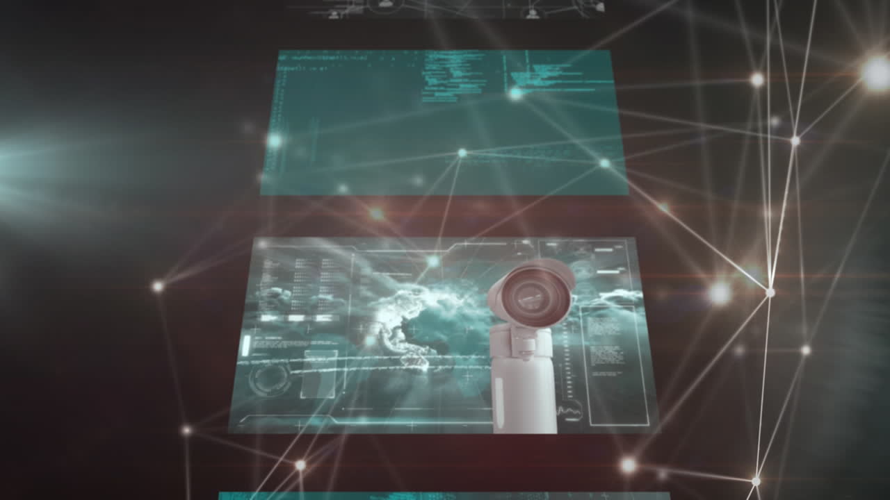 animación del procesamiento de datos en pantallas y red de conexiones