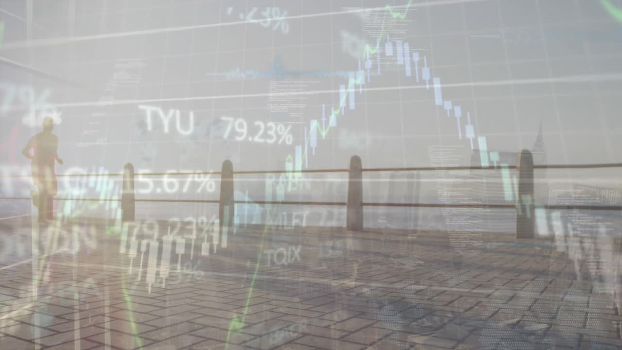 인포그래픽 인터페이스의 애니메이션, 아프리카계 미국인이 현대 도시 풍경을 가로지르는 다리에서 달리고 있습니다.