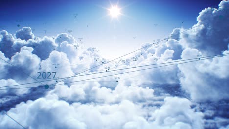 beautiful network grid in cloudscape flying through under the bright sun seamless. cloud computing technological concept with abstract numbers looped 3d animation.