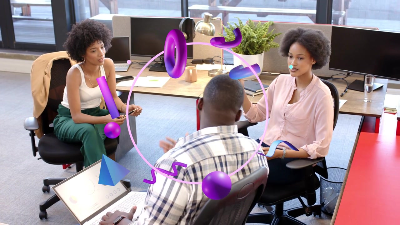 Man starting business review at laptop chart, women reacting while purple graphic circling to plan