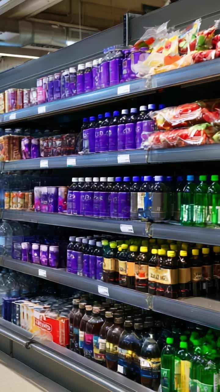Exhibición de bebidas coloridas con varias botellas y zumos en estanterías de una tienda, con líquidos morados, verdes y transparentes junto con productos frescos envasados