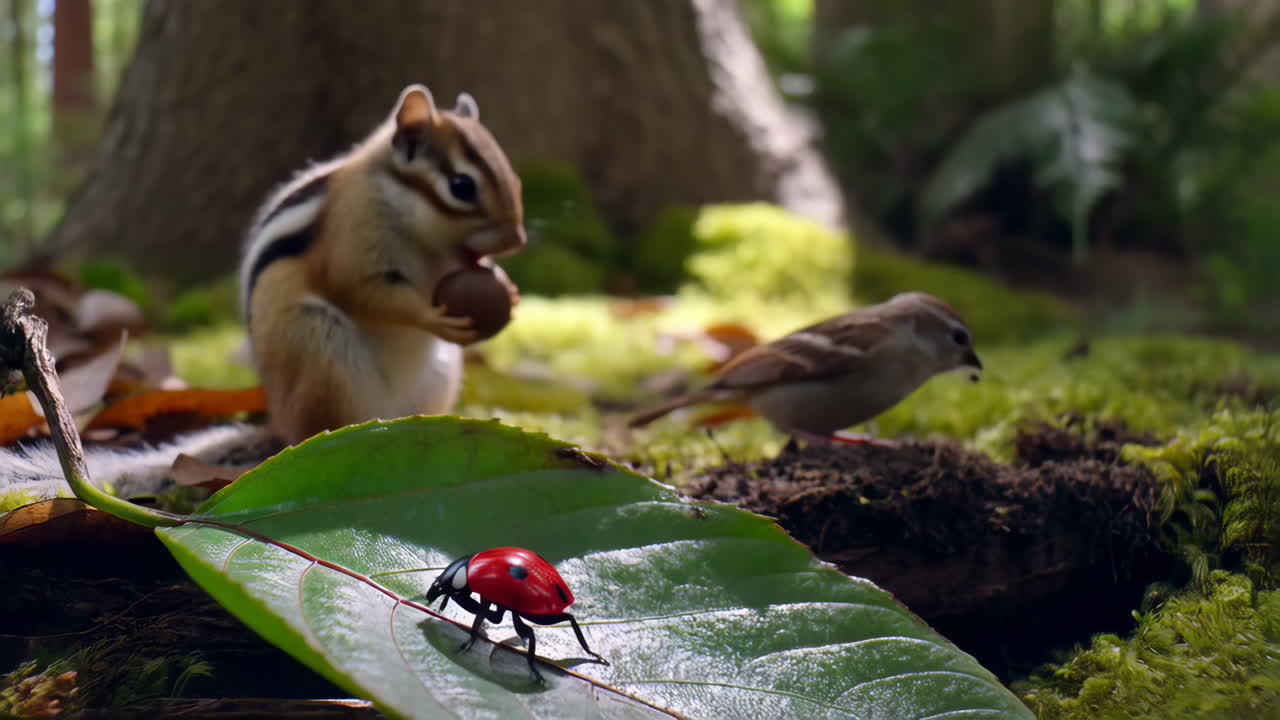 Uno scoiattolo striato tiene una noce mentre un uccello e uno scarabeo sono nelle vicinanze in una scena boschiva