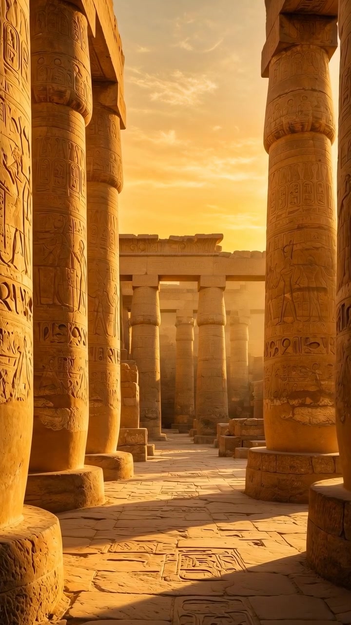 Navata interna di un antico tempio di arenaria con pilastri scolpiti ravvicinati, rilievi geroglifici, superfici in pietra usurate e una calda luce dorata che si sposta sul pavimento, creando ombre profonde e un'atmosfera serena.