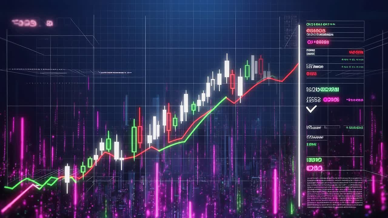 Futuristiskt digitalt gränssnitt som visar växande finansiellt candlestick-diagram