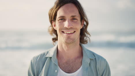 Portrait,-man-and-smile-at-beach