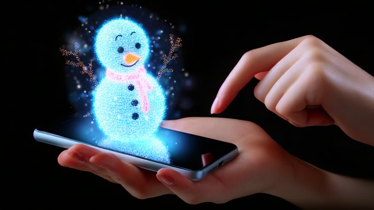 A Magical Touch: Unveiling the Enchanting Illusion of a Frosty Snowman Projected from a Smartphone, Capturing the Wonder of Technology and Imagination in a Winter Wonderland Setting