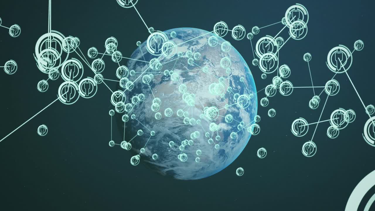 검은 바탕에 전 세계에 있는 아이콘으로 연결된 네트워크의 애니메이션