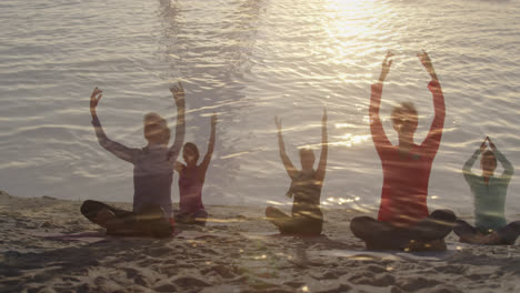 Animación-De-Luz-Brillante-Sobre-Mujeres-Mayores-Practicando-Yoga-Junto-Al-Mar.