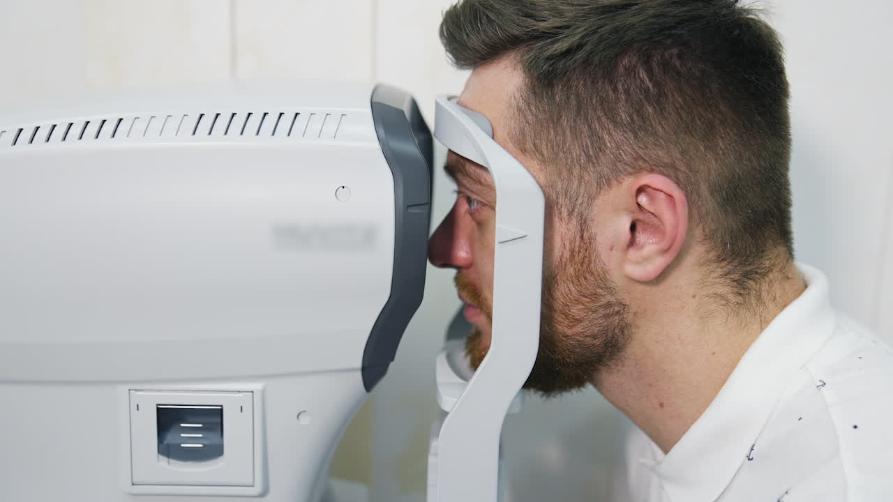 Patient man looks at device in ophthalmology clinic. Profile of patient's face looking into apparatus for eyes diagnostic in clinic. Close-up.