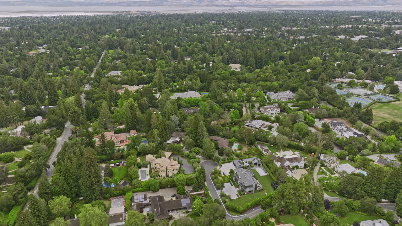 Atherton California Aerial v8 birds eye view flyover wealthy neighborhood capturing gated and hedged luxury homes, multimillion properties in an idyllic community - Shot with Mavic 3 Cine - June 2022