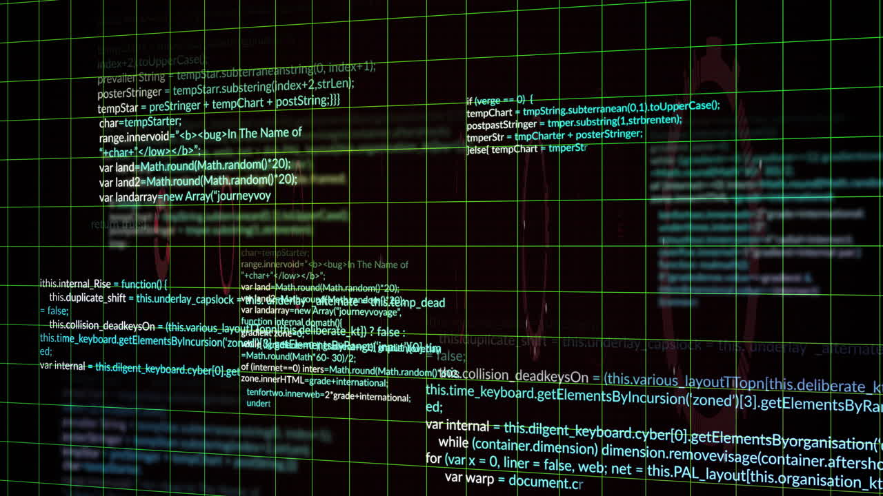 Computer code and data processing animation over grid background