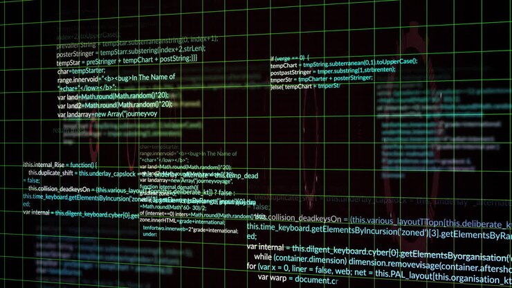 Computer code and data processing animation over grid background