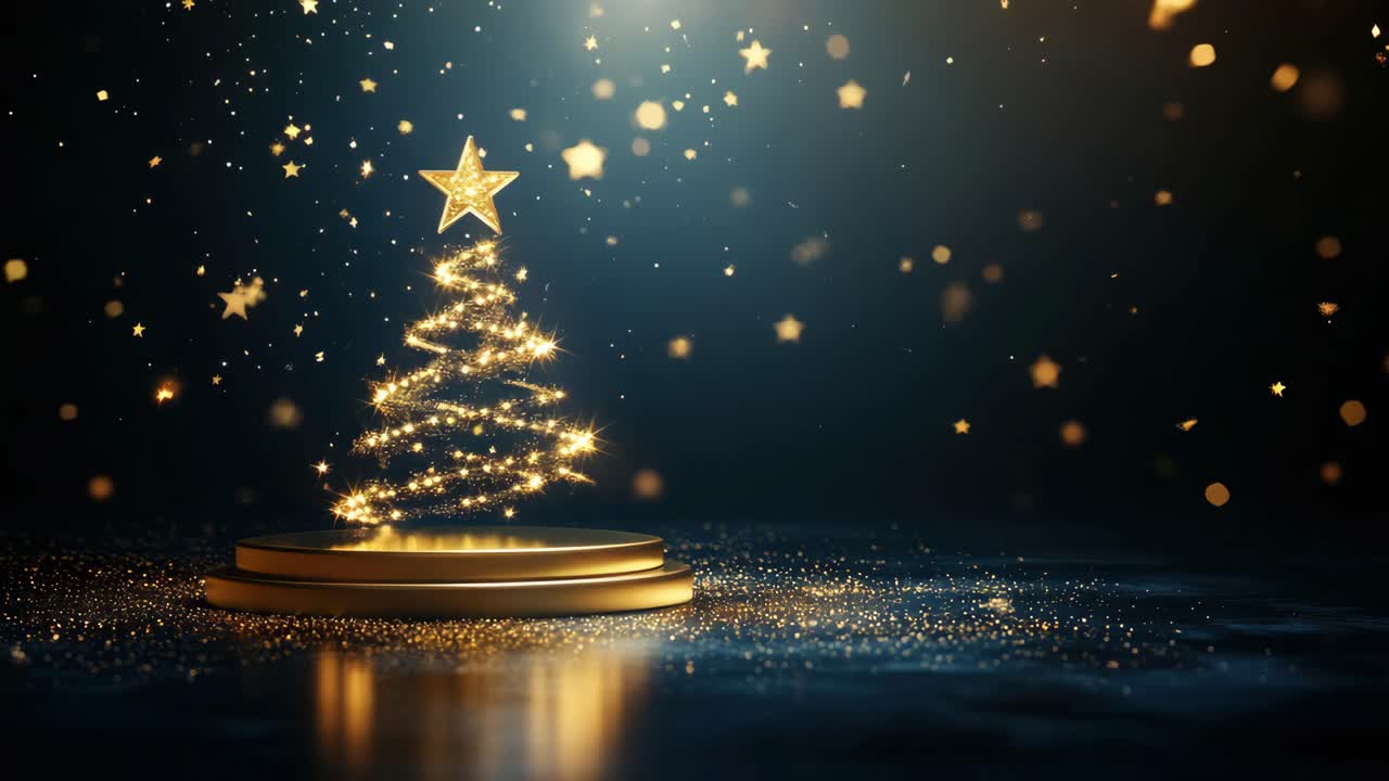 Elegante concept video di un albero di Natale a spirale luminoso su un palco buio