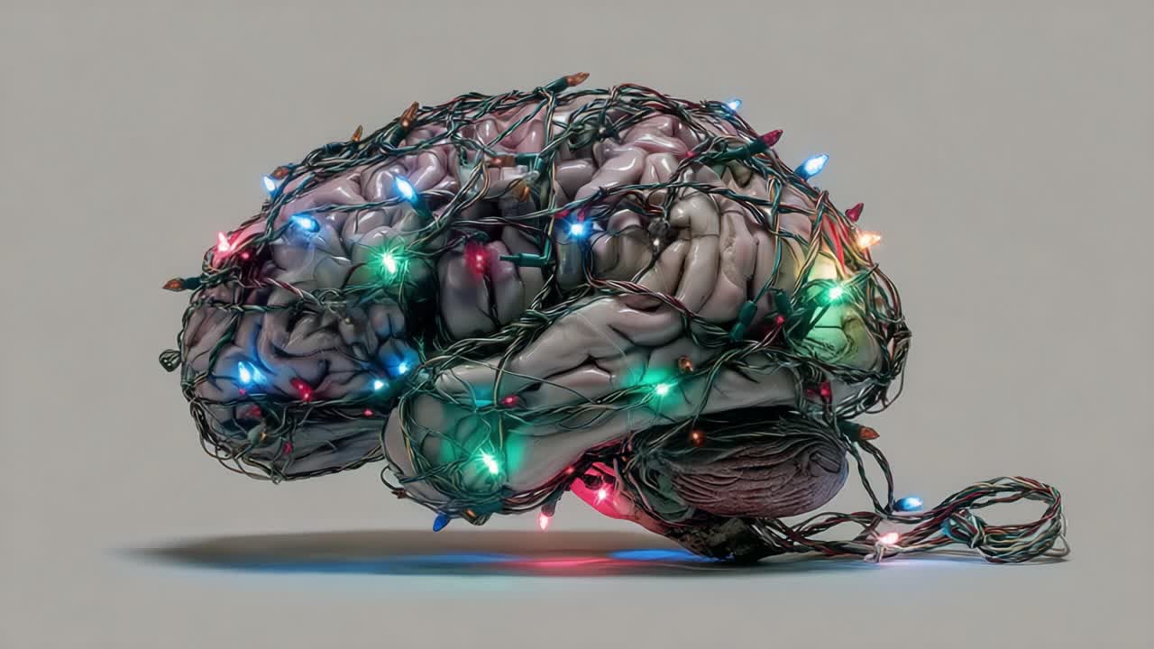 Una rappresentazione creativa di un cervello umano intricatamente intrecciato con luci natalizie colorate, che simboleggia la fusione di intelligenza e festa in una surreale esposizione artistica