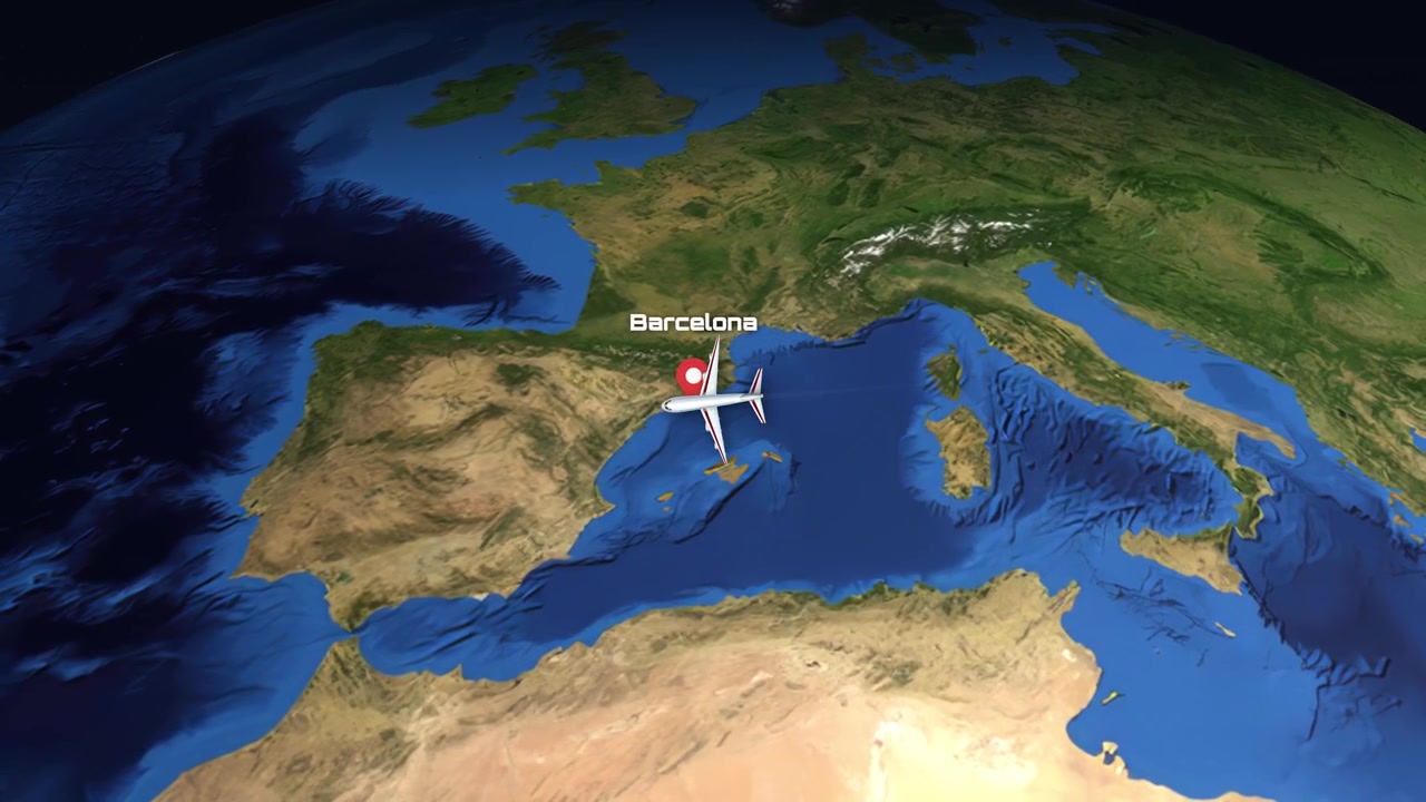 Un aereo commerciale vola attraverso un globo digitale 3D da Singapore a Barcellona, Spagna