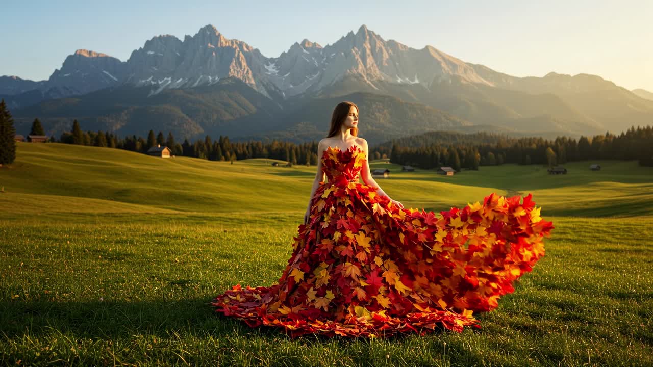 Stunning display of autumn beauty in mountains with a model in a dress made of vibrant leaves at sunset