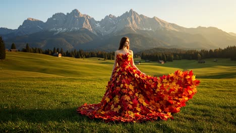 stunning display of autumn beauty in mountains with a model in a dress made of vibrant leaves at sunset