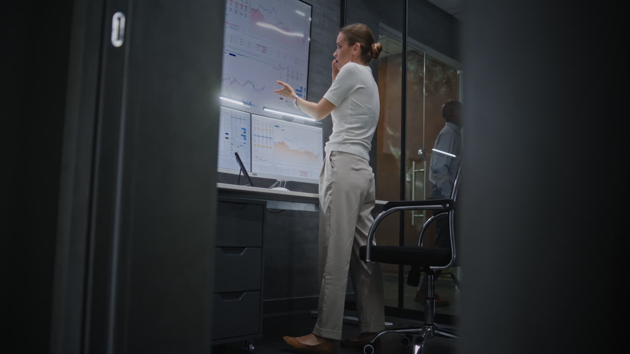 Angry Female Stock Exchange Broker Monitoring Real-Time Stocks on Multi-Monitor Computer and Digital Tablet in Office at Night, Soaking Financial Loss. Investment Agent Stressed About Bad Economy News