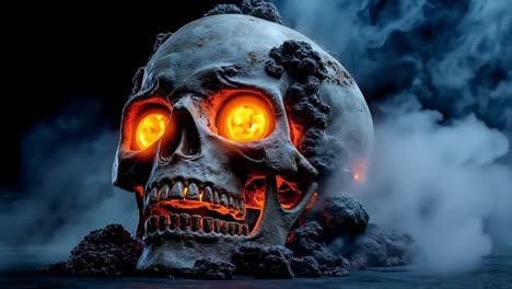 a skull with glowing orange eyes sitting on top of a rock