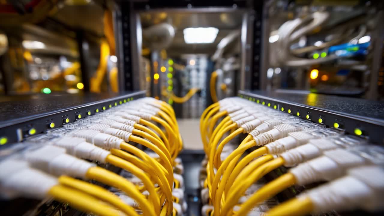 Exploring the Inner Workings of a Data Center: A Close-Up on Network Cables Connecting Servers and Equipment in an Modern IT Infrastructure