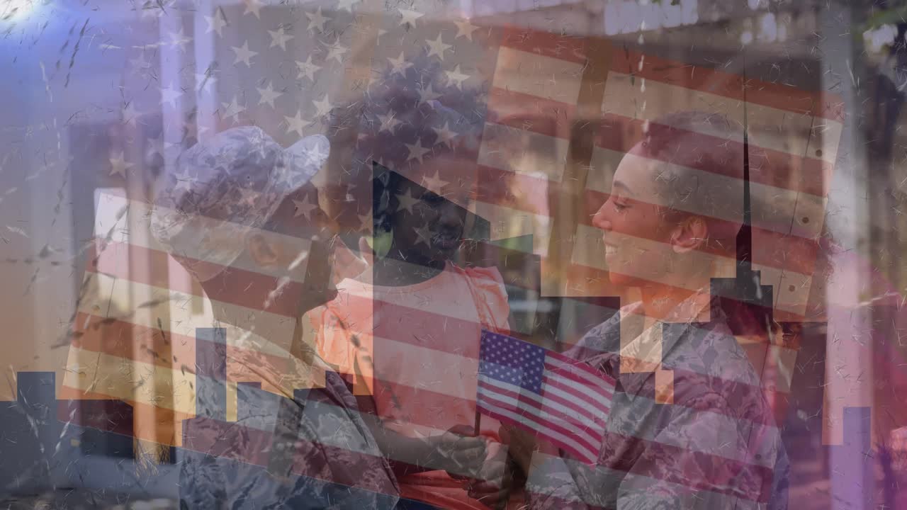 animación de soldados con su hija sobre la bandera estadounidense