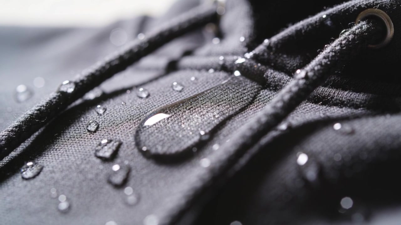 Changement de mise au point et de lumière provoquant l'allongement d'une gouttelette sur un textile imperméable près d'un œillet de lacet.