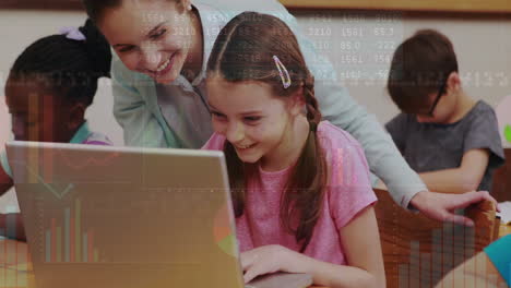 smiling teacher assisting student with laptop over data processing animation