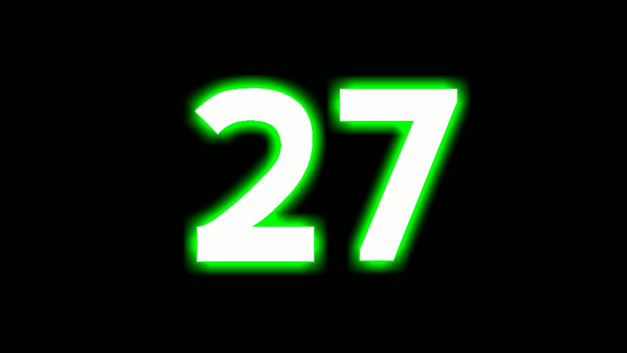 Insegna al neon con il numero 27, simbolo di animazione moderna di motion graphics che sfarfalla su sfondo nero, di colore verde che si illumina e brilla per elementi video